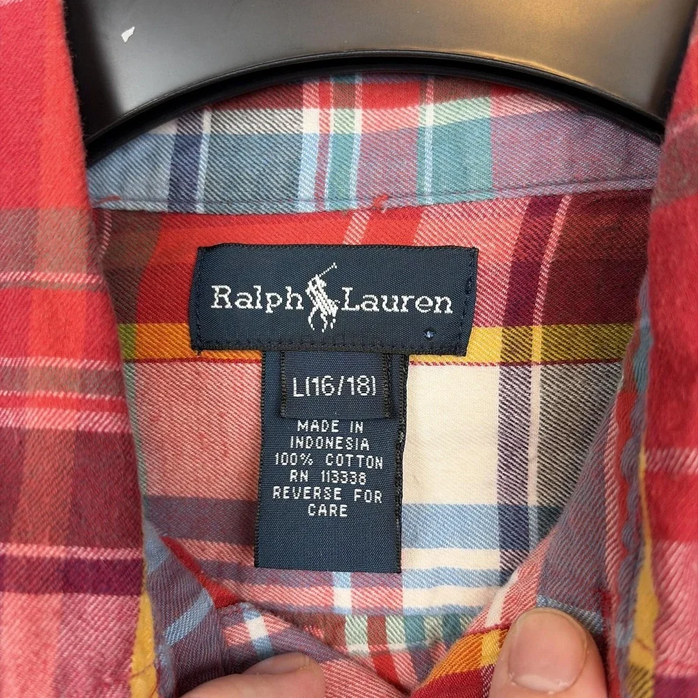Ralph Lauren Shirt Boys 16 L Red‎ Plaid Long Sleeve Button Down Cotton Pony